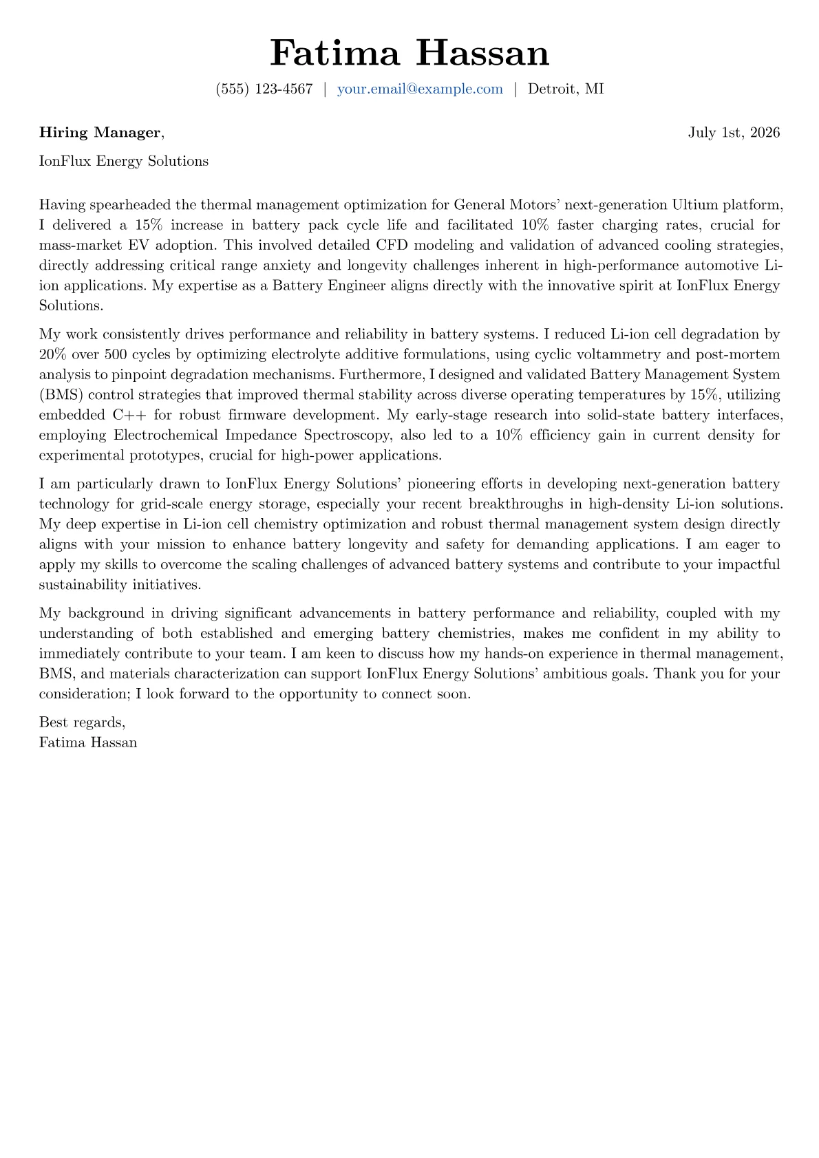 Battery Engineer cover letter formatted with a JobSprout template