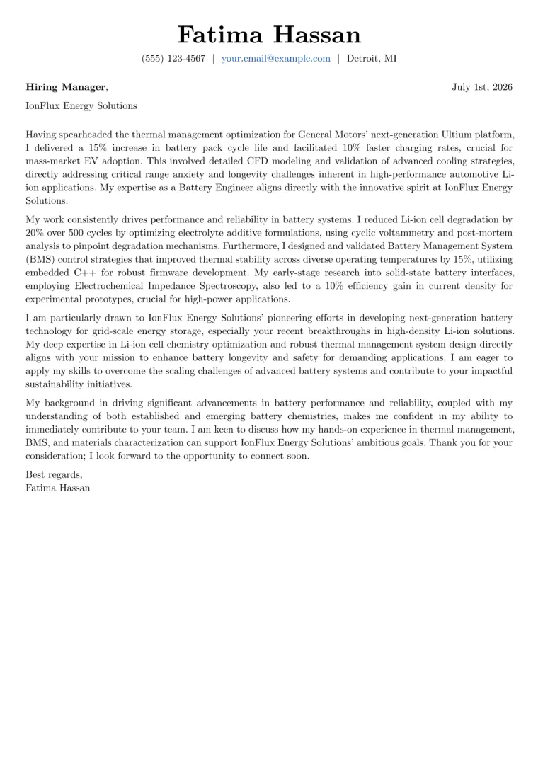 Battery Engineer cover letter example preview