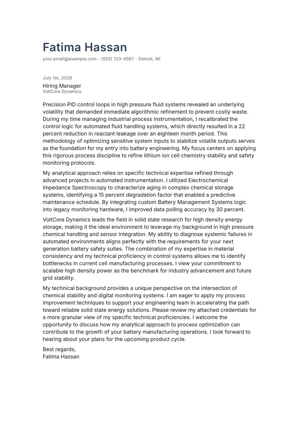 Battery Engineer cover letter in the Minimal design