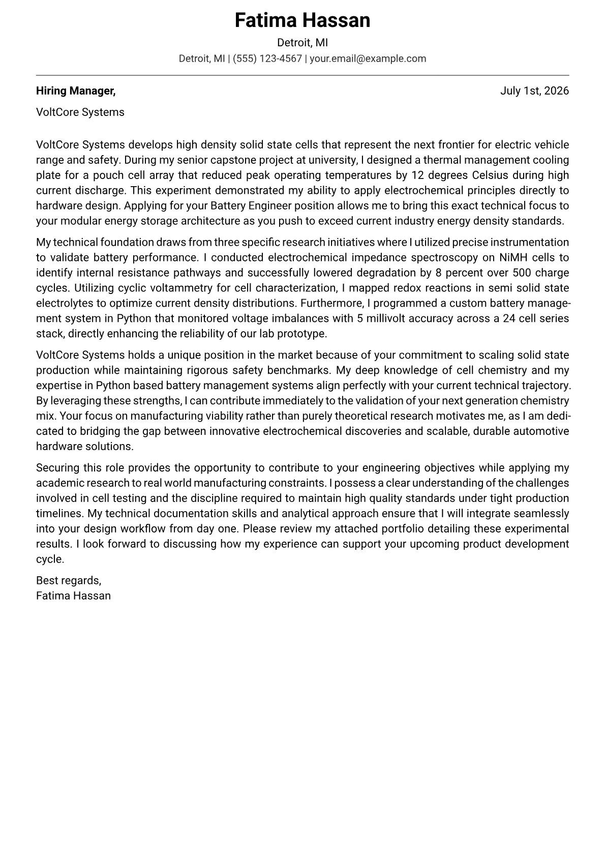 Battery Engineer cover letter in the Modern design