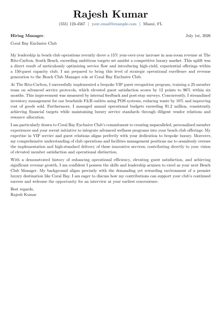 Beach Club Manager cover letter example