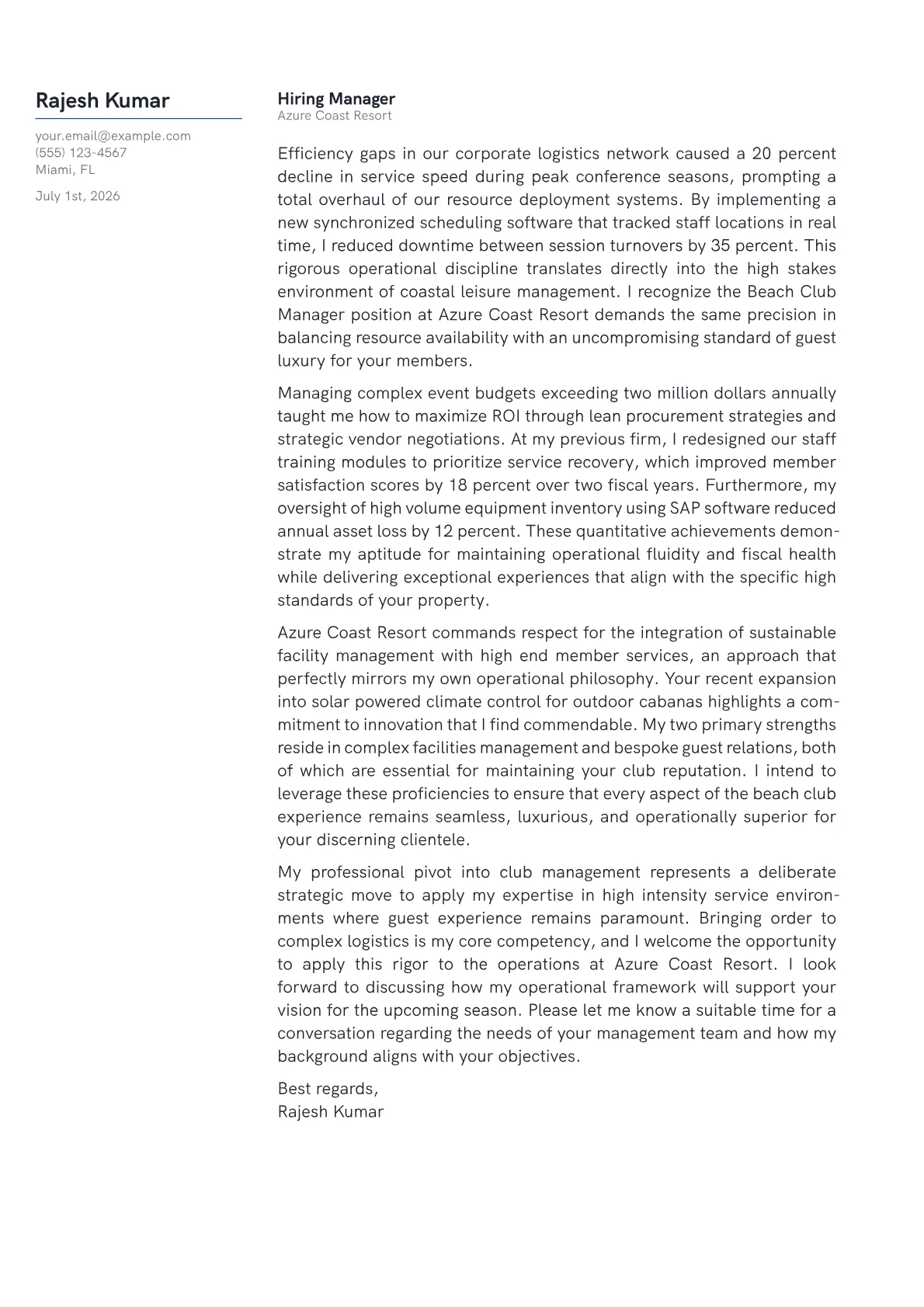 Beach Club Manager cover letter in the Margin design