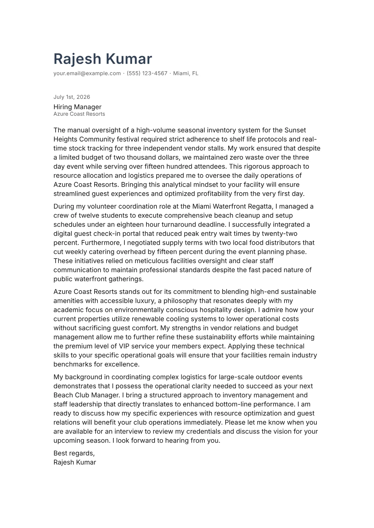 Beach Club Manager cover letter in the Minimal design