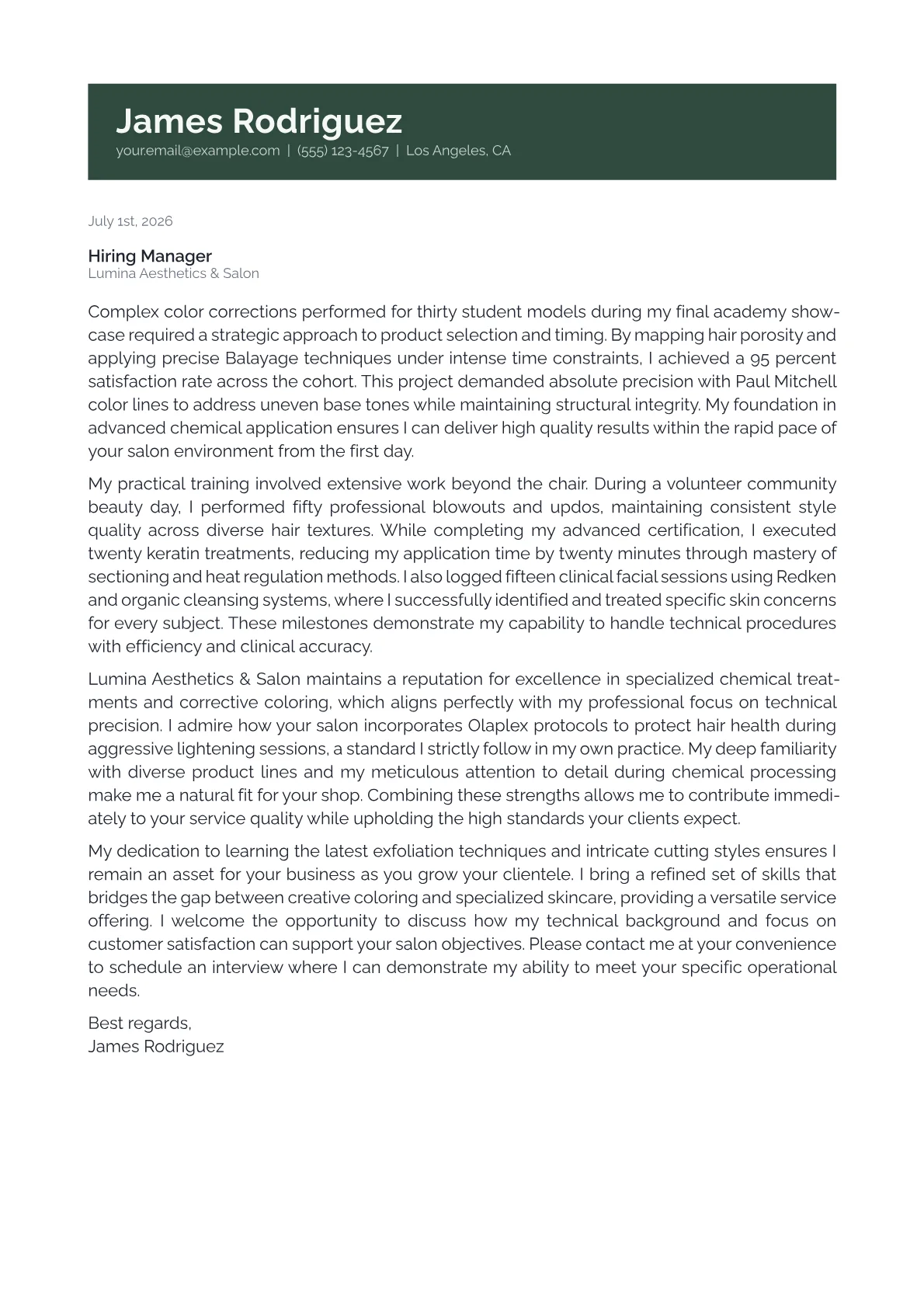 Beautician cover letter in the Banner design