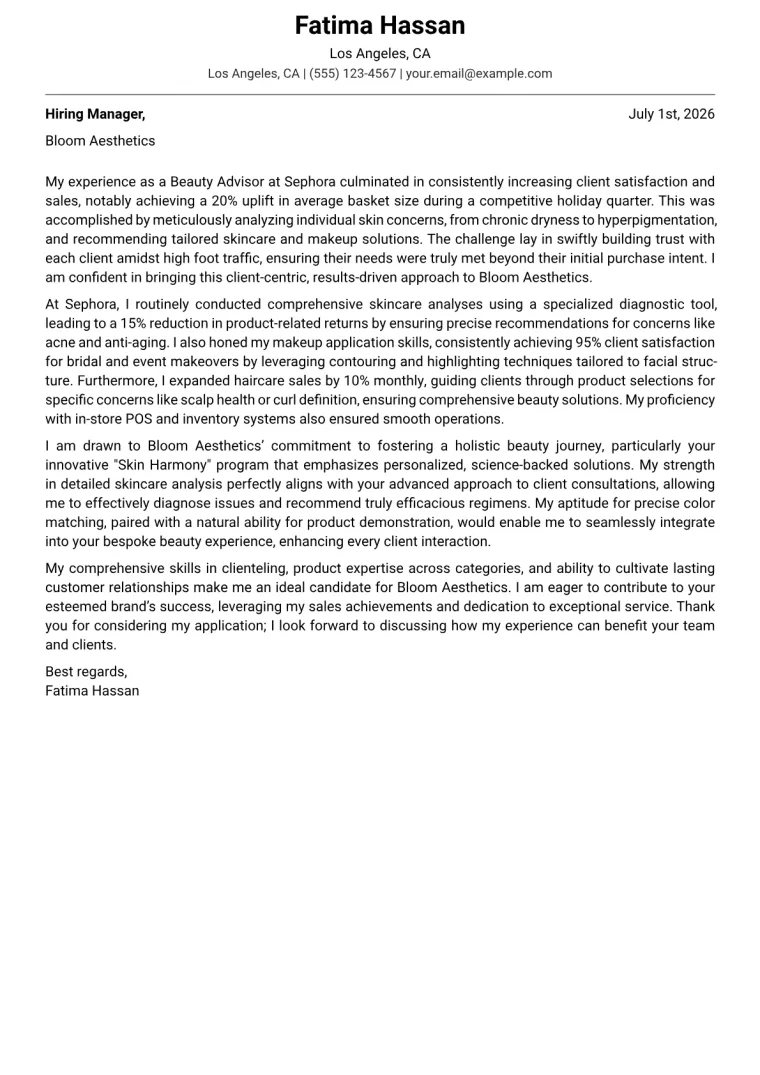 Beauty Advisor Cover Letter Example