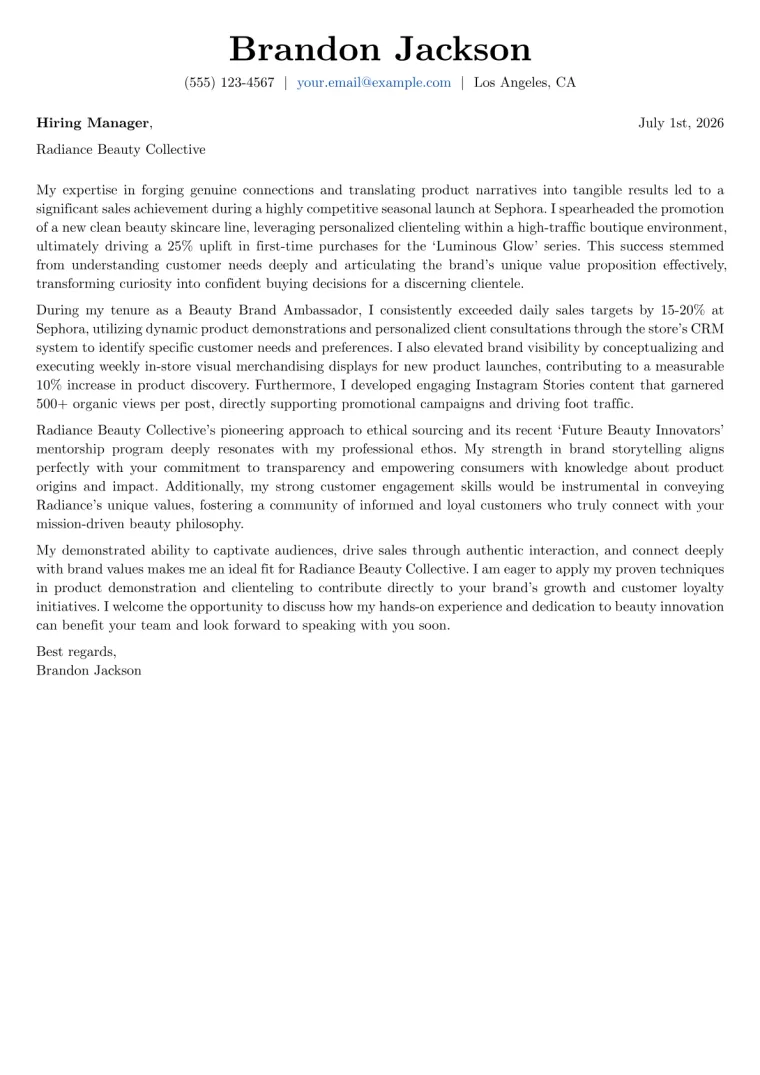 Beauty Brand Ambassador cover letter example