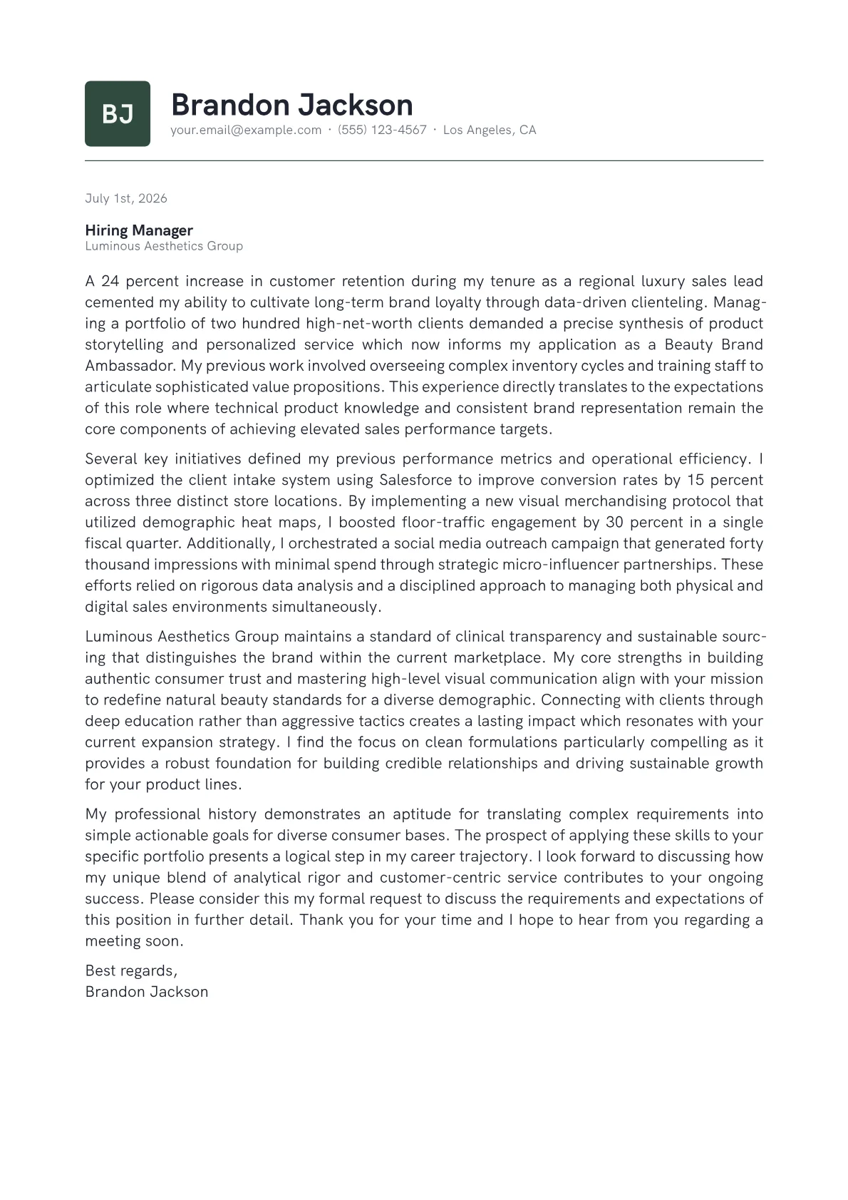 Beauty Brand Ambassador cover letter in the Emblem design