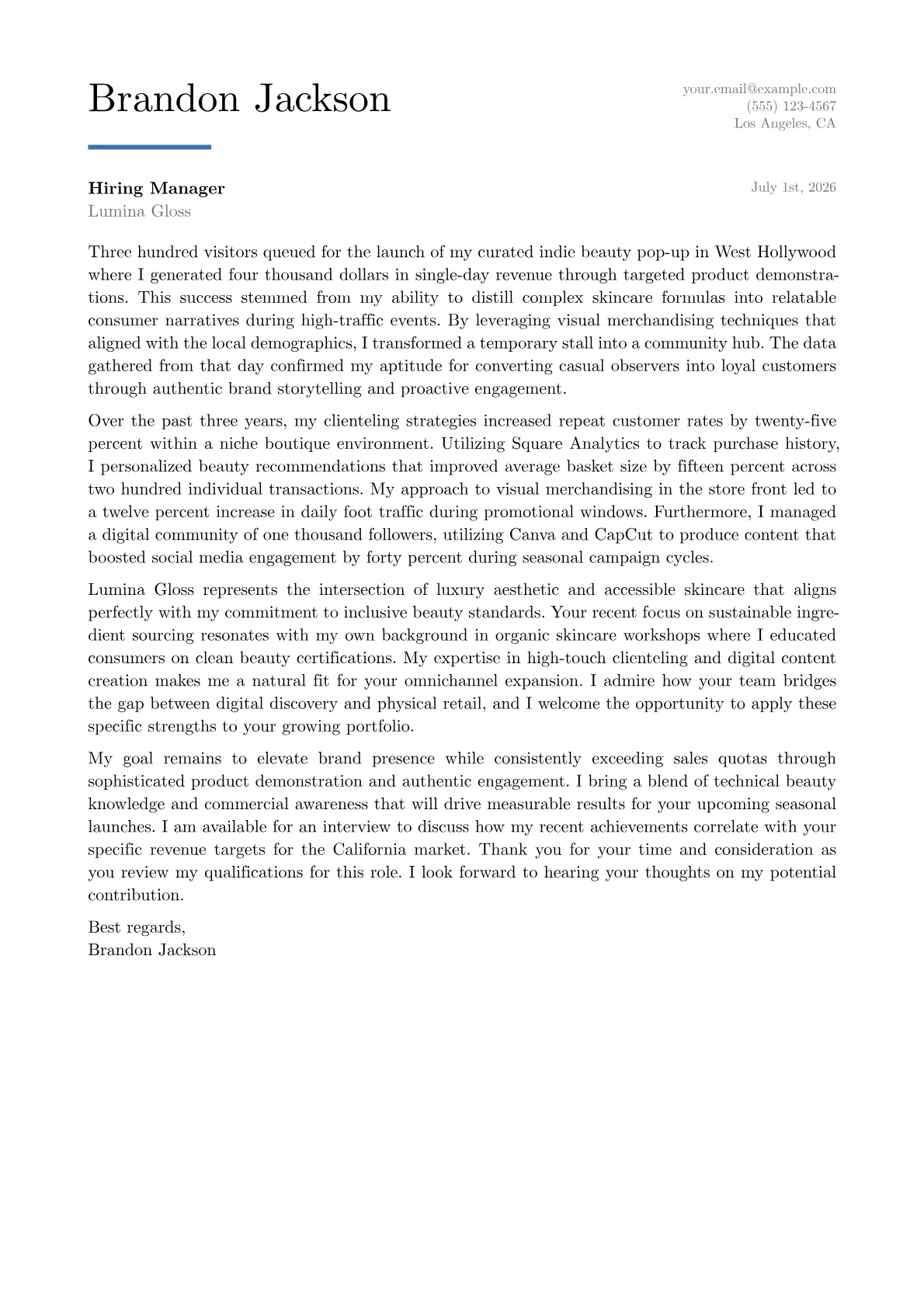 Beauty Brand Ambassador cover letter in the Executive design