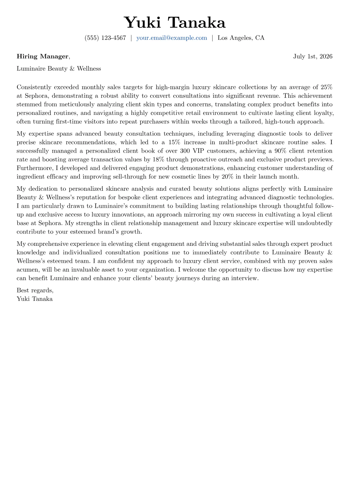 Beauty Consultant cover letter formatted with a JobSprout template