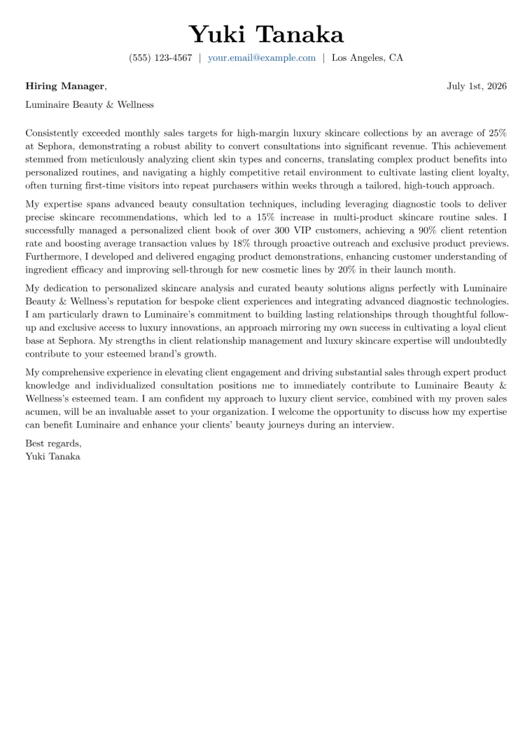 Beauty Consultant Cover Letter Example