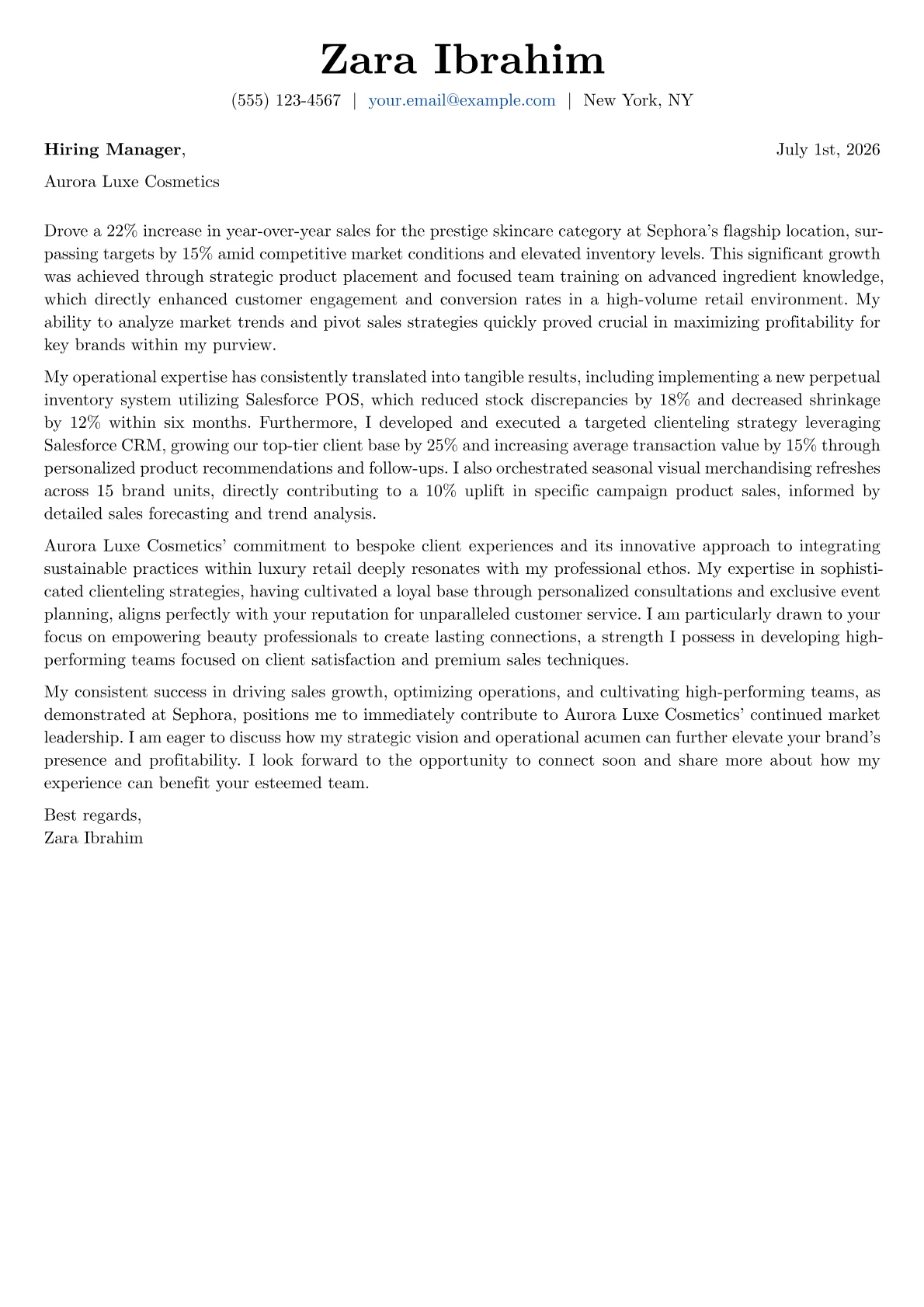 Beauty Counter Manager cover letter formatted with a JobSprout template