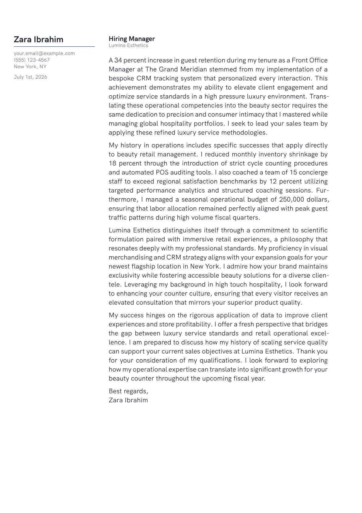 Beauty Counter Manager cover letter in the Margin design