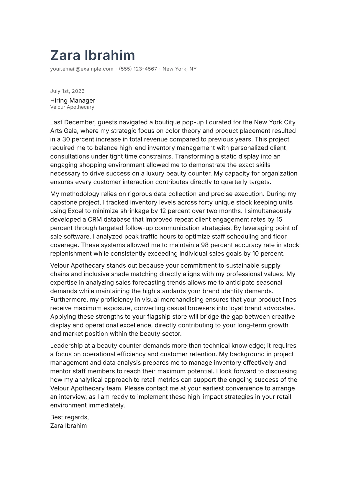 Beauty Counter Manager cover letter in the Minimal design