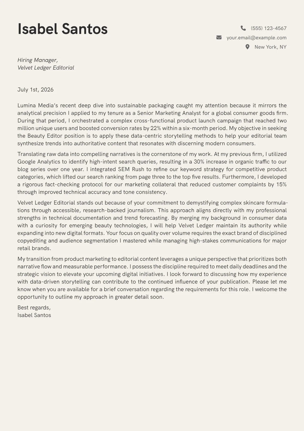 Beauty Editor cover letter in the Creative design