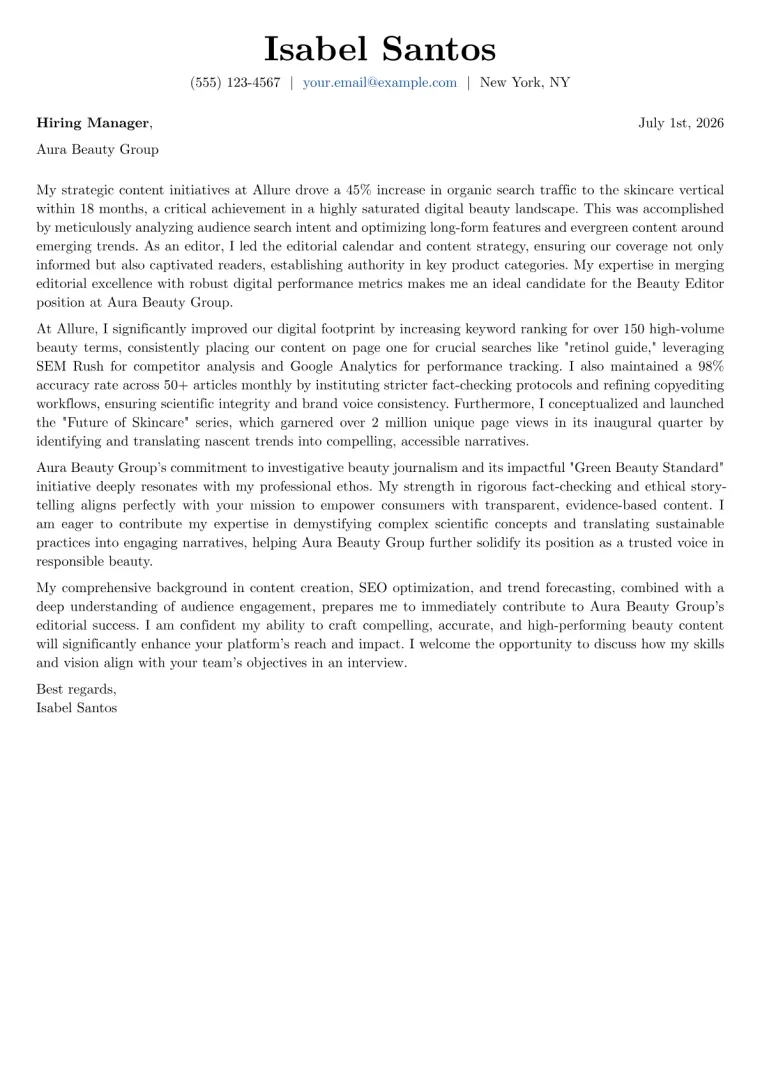 Beauty Editor Cover Letter Example