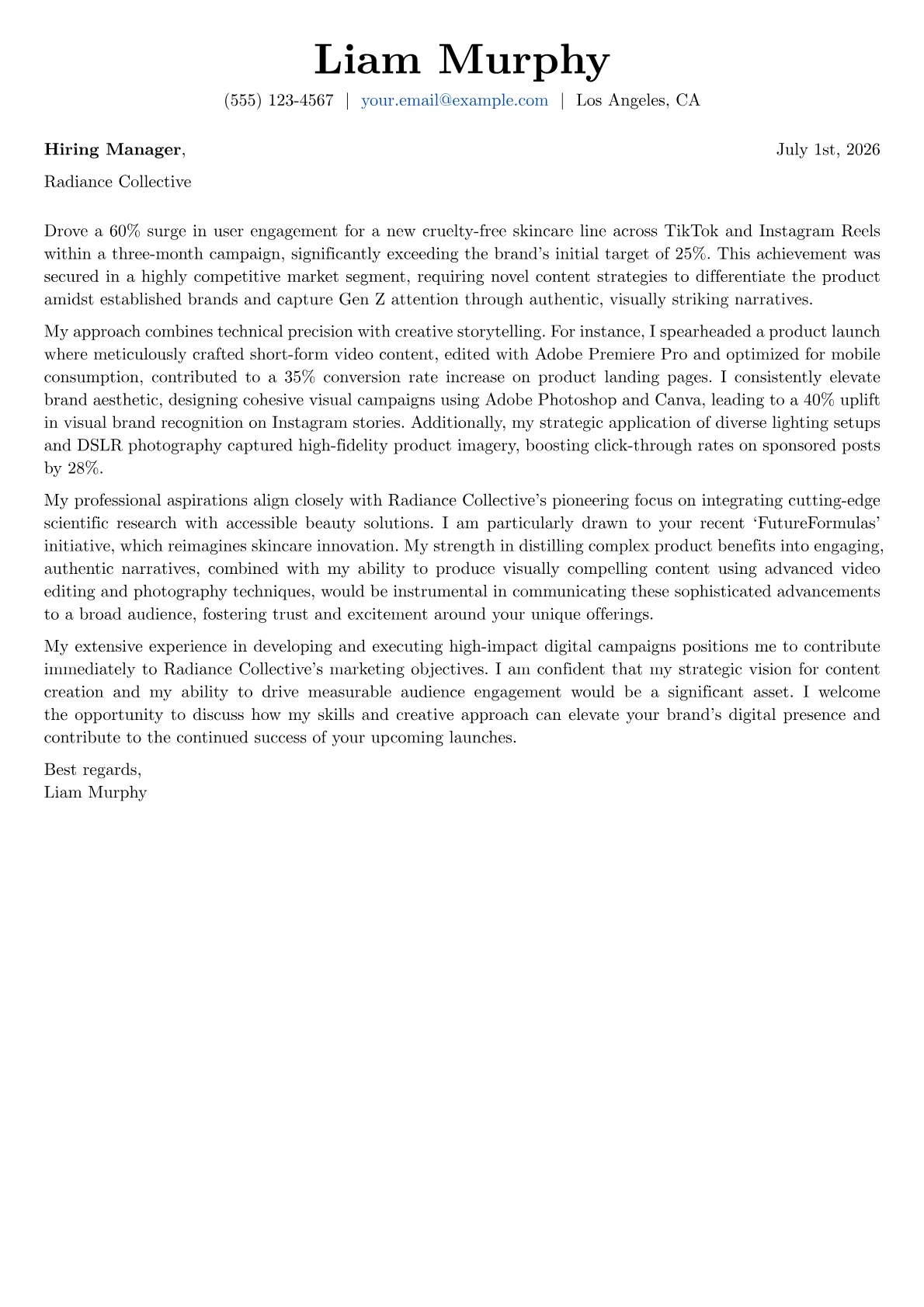 Beauty Influencer cover letter formatted with a JobSprout template