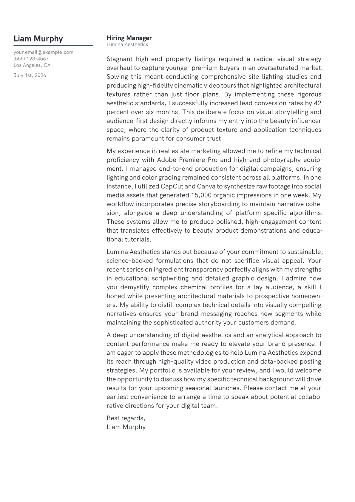 Beauty Influencer cover letter in the Margin design