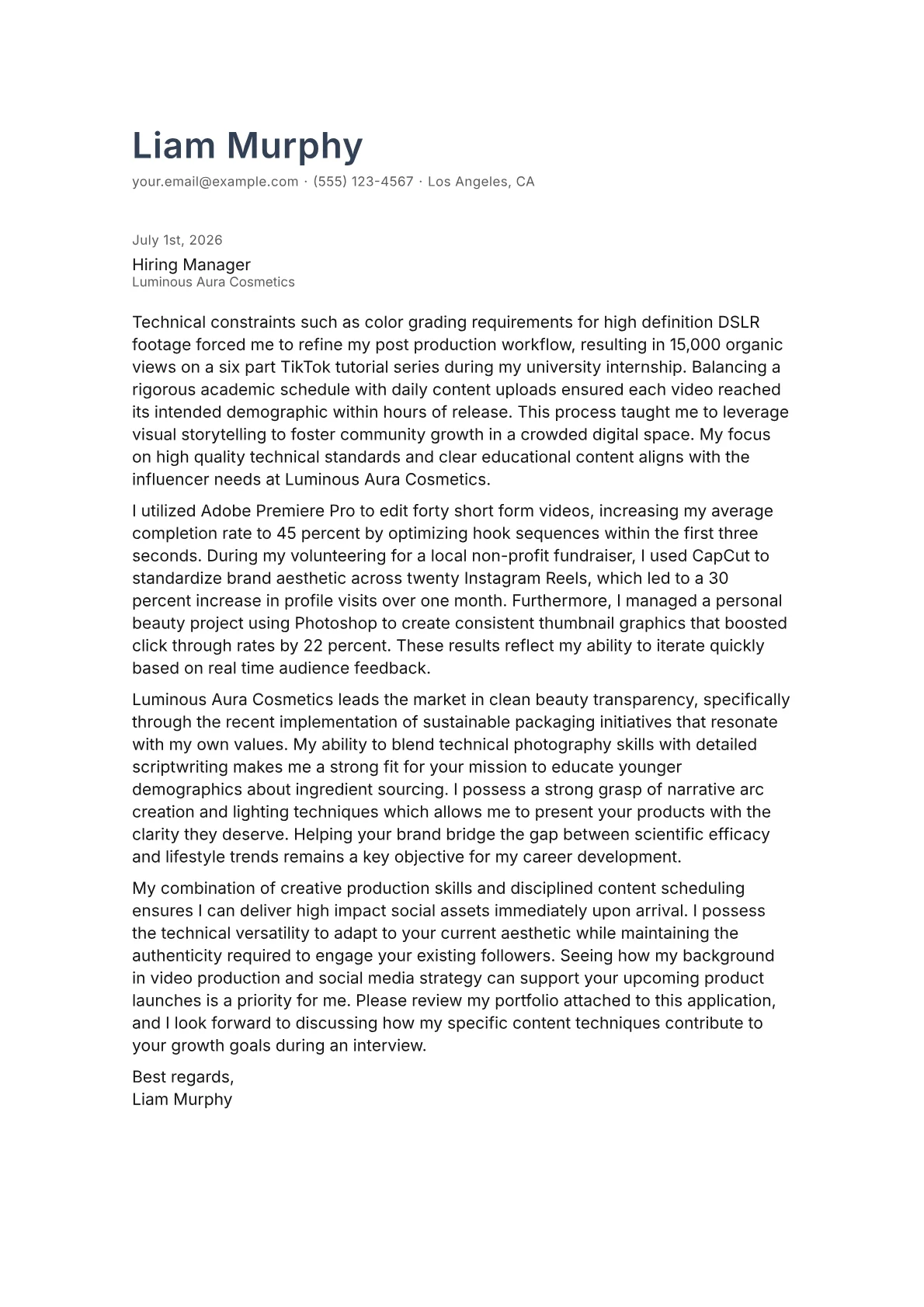 Beauty Influencer cover letter in the Minimal design