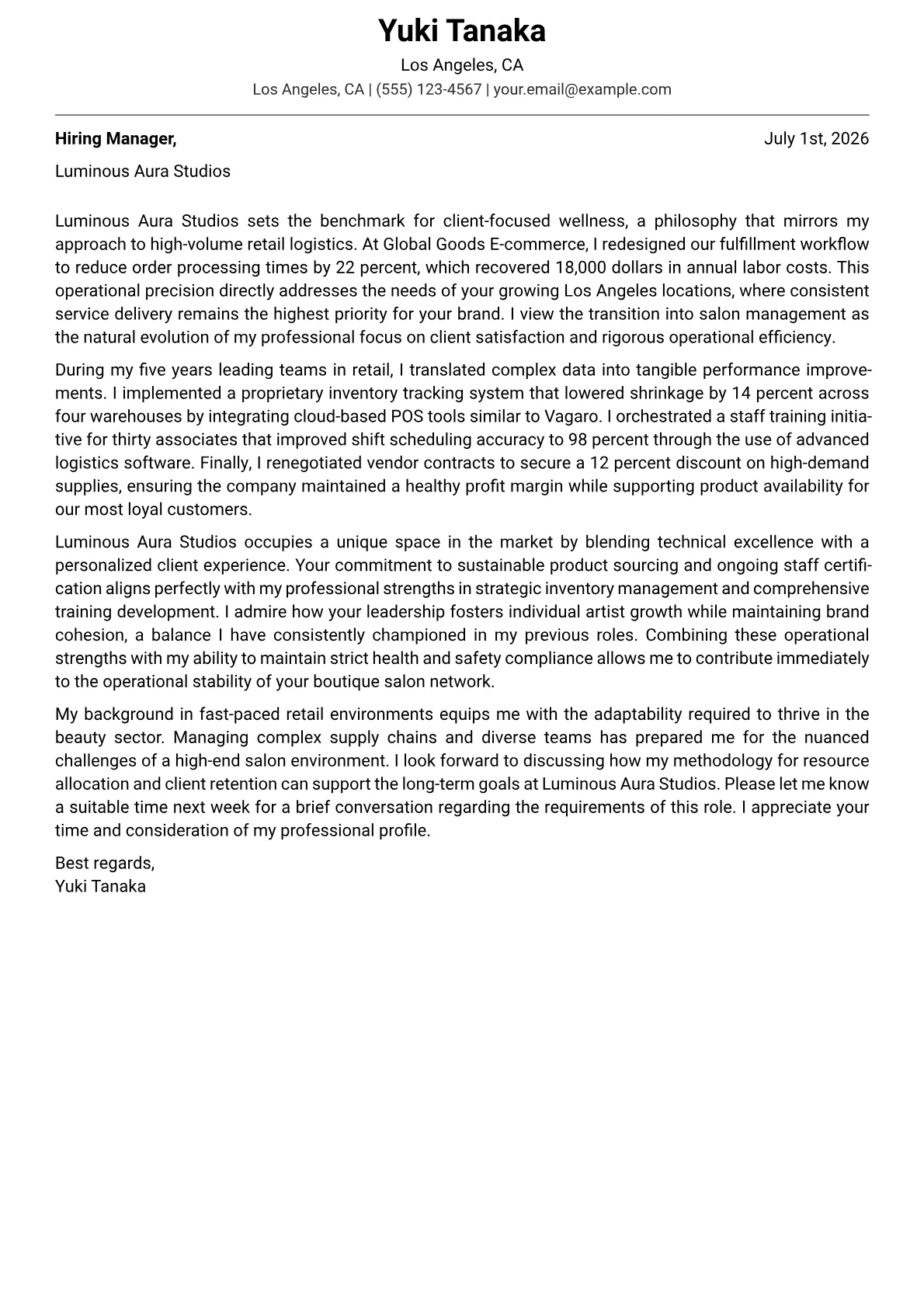 Beauty Salon Manager cover letter in the Modern design
