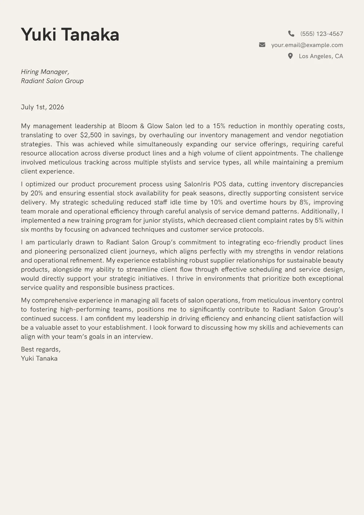 Beauty Salon Manager cover letter formatted with a JobSprout template