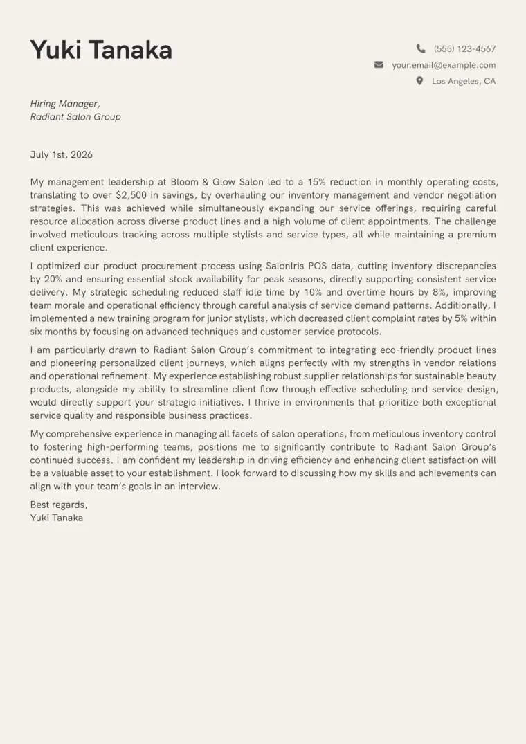 Beauty Salon Manager cover letter example preview