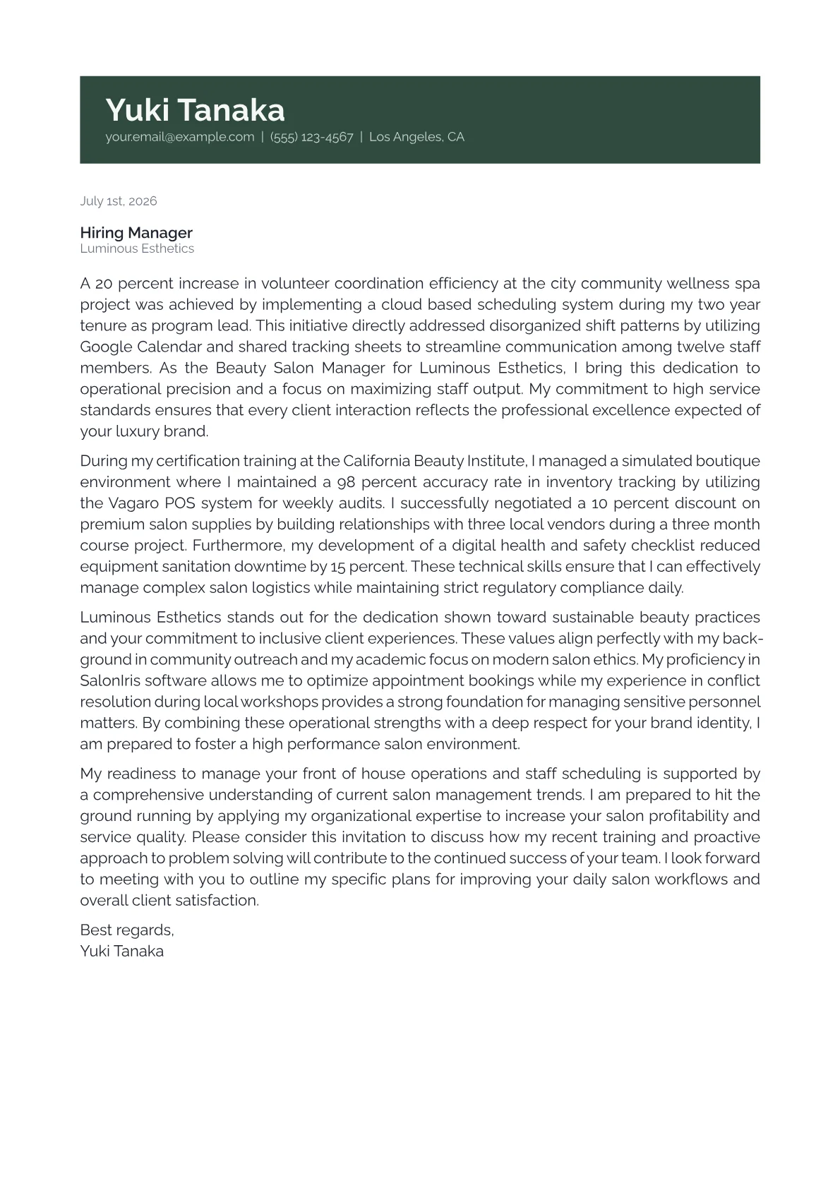 Beauty Salon Manager cover letter in the Banner design