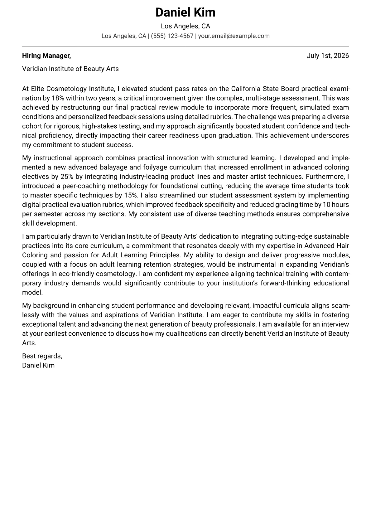 Beauty School Instructor cover letter formatted with a JobSprout template