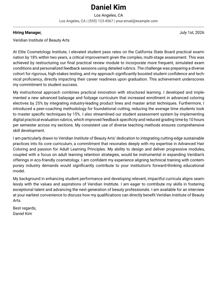 Beauty School Instructor Cover Letter Example
