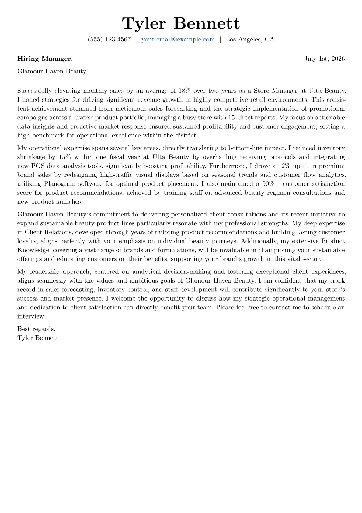 Beauty Supply Store Manager cover letter formatted with a JobSprout template