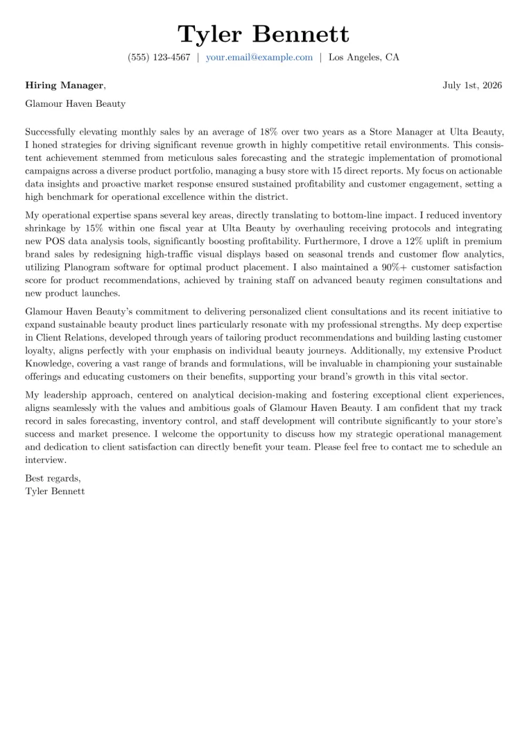 Beauty Supply Store Manager Cover Letter Example