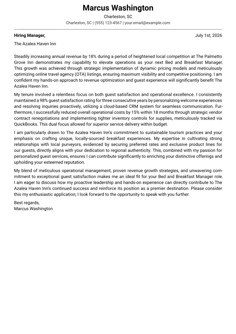 Bed and Breakfast Manager cover letter example preview