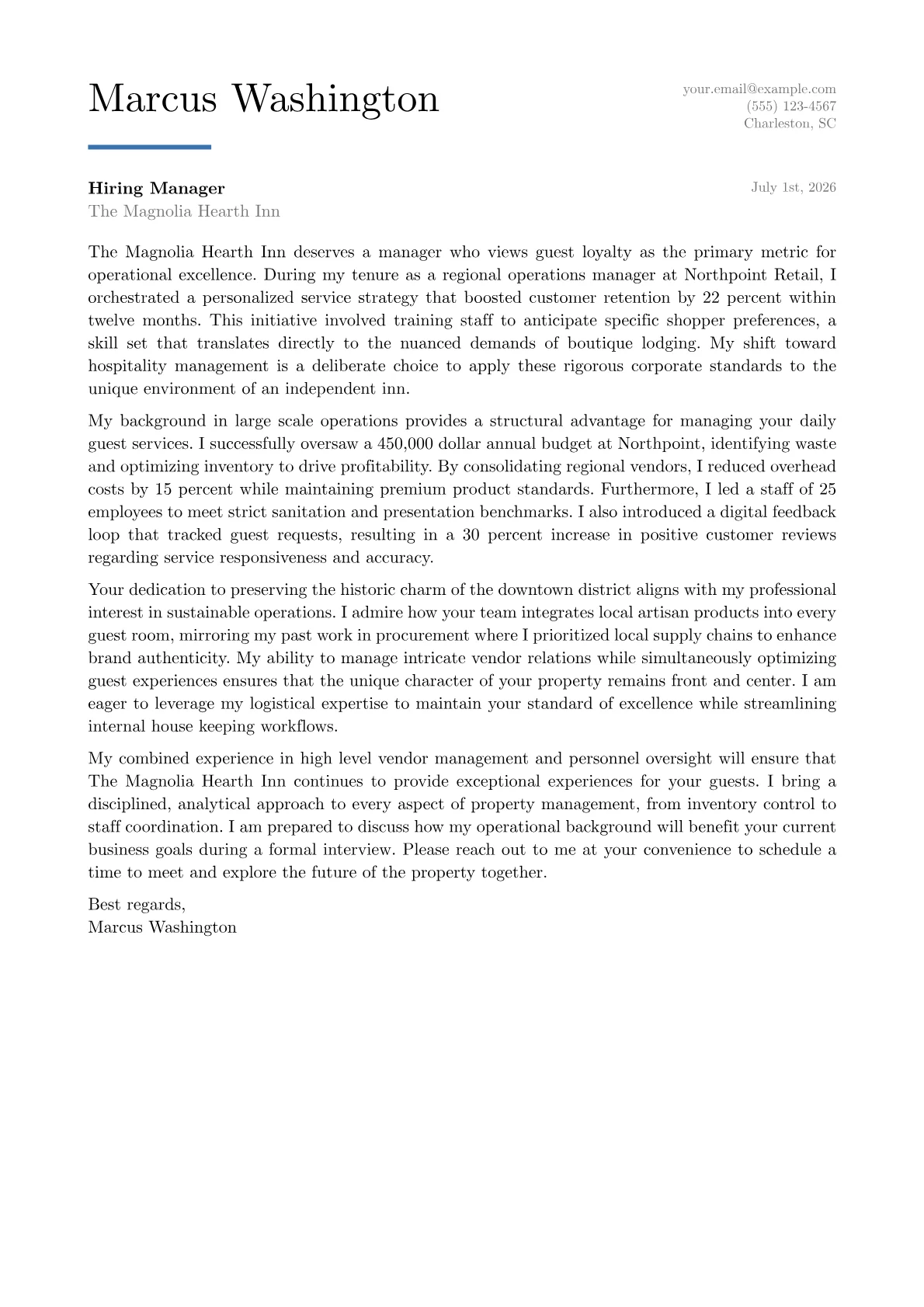 Bed and Breakfast Manager cover letter in the Executive design