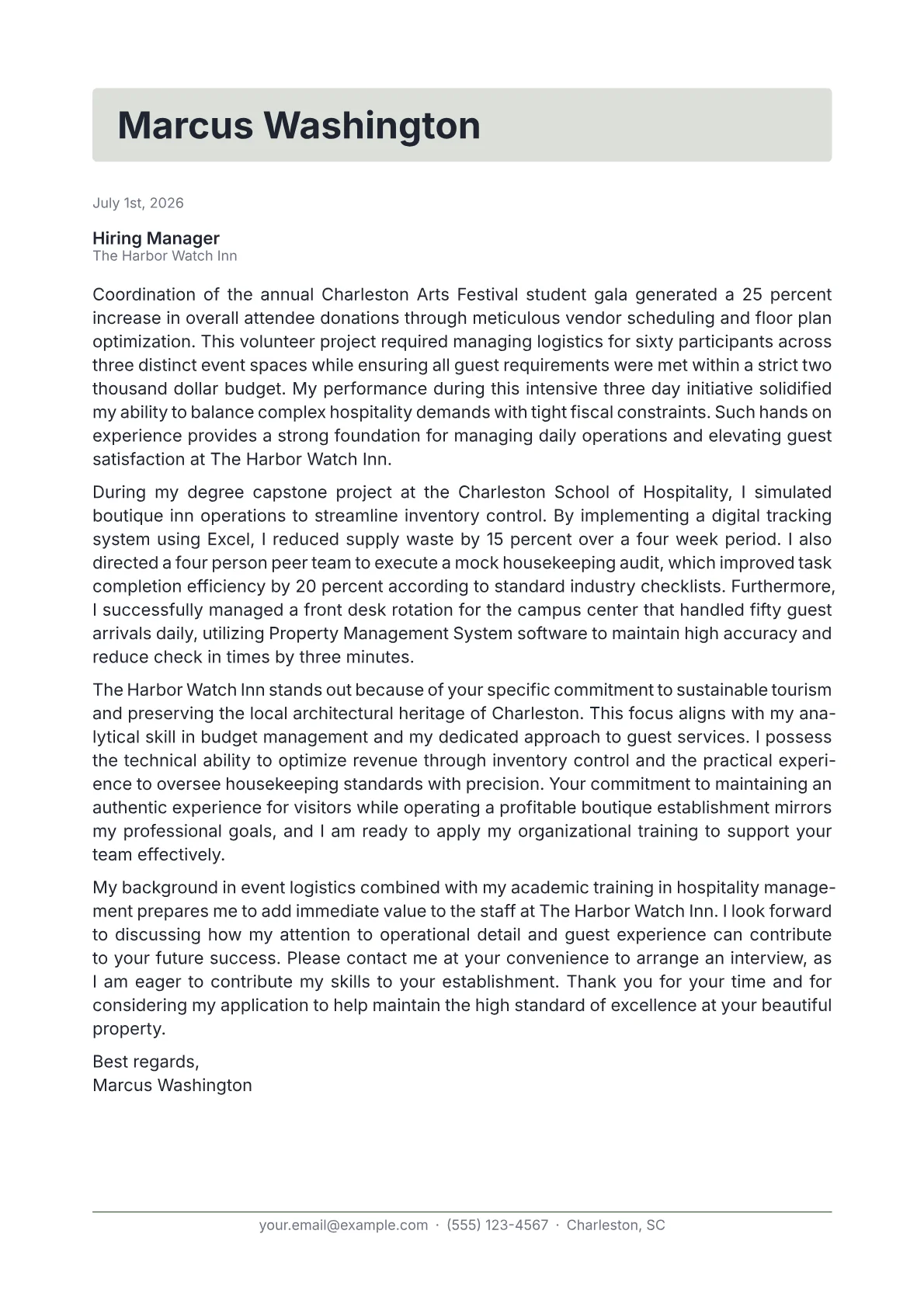 Bed and Breakfast Manager cover letter in the Letterhead design