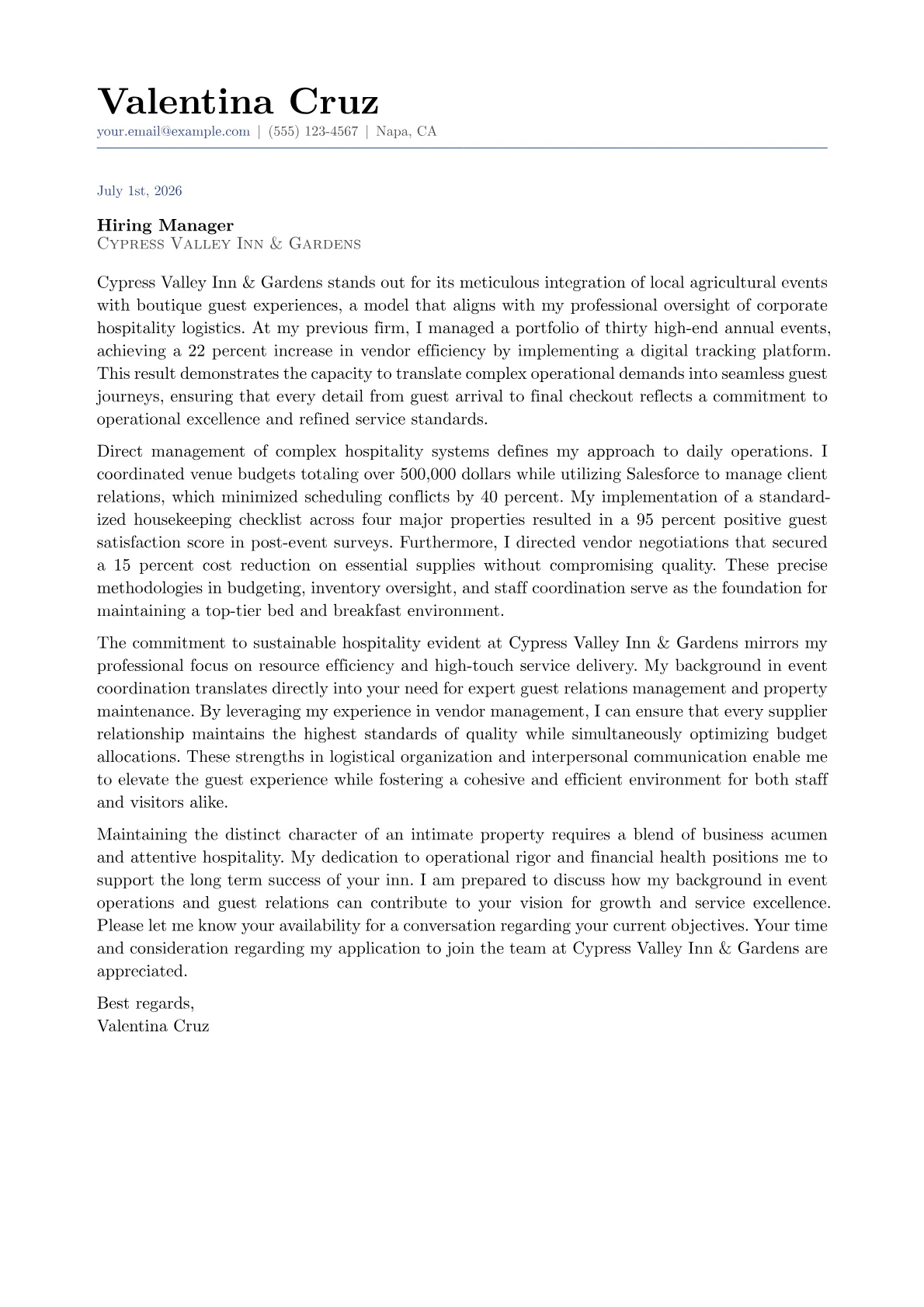 Bed and Breakfast Owner cover letter in the Classic design