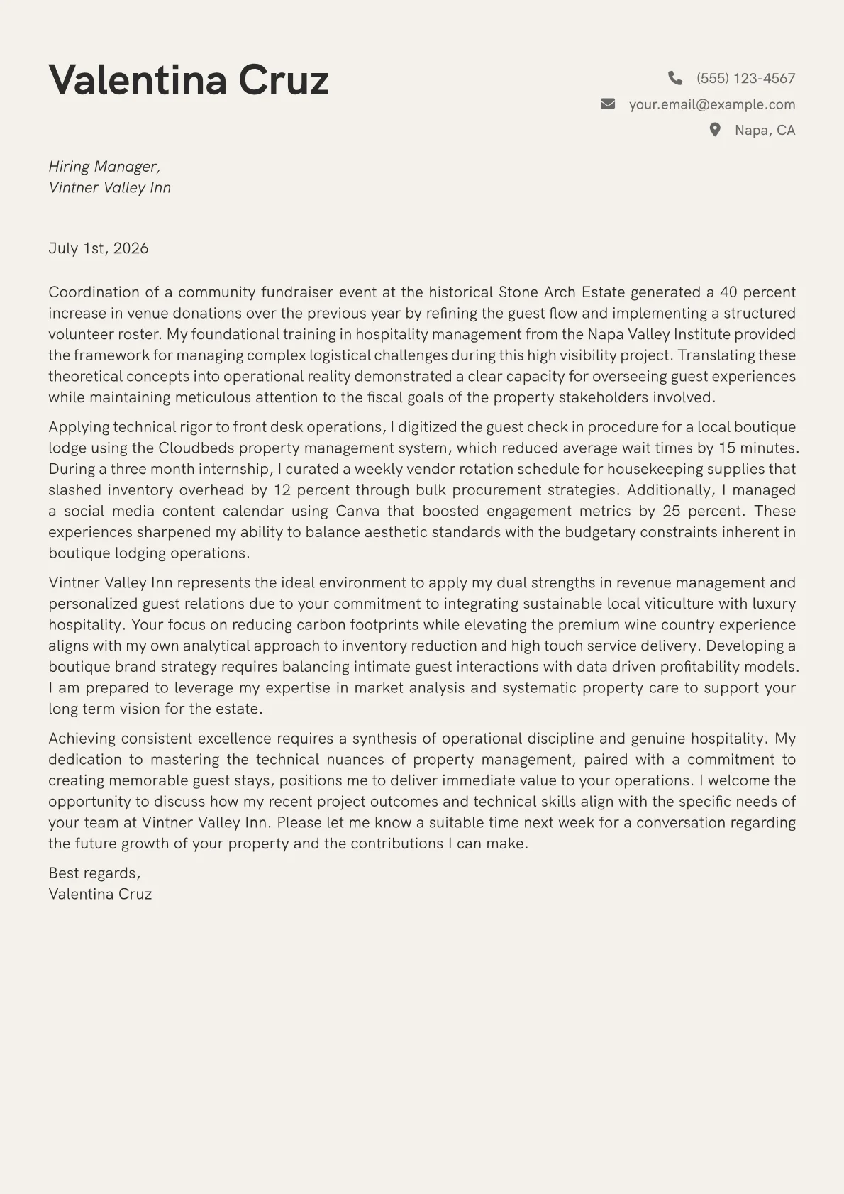 Bed and Breakfast Owner cover letter in the Creative design