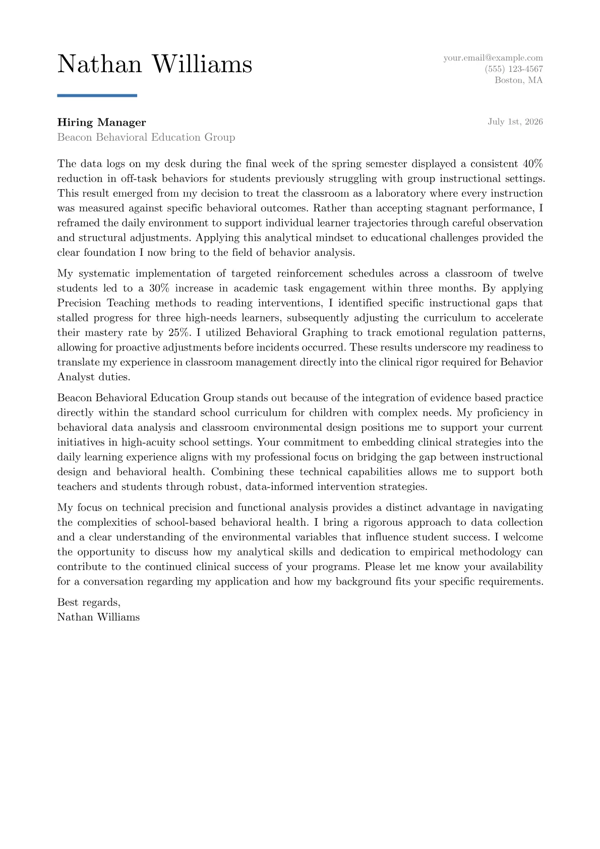 Behavior Analyst cover letter in the Executive design