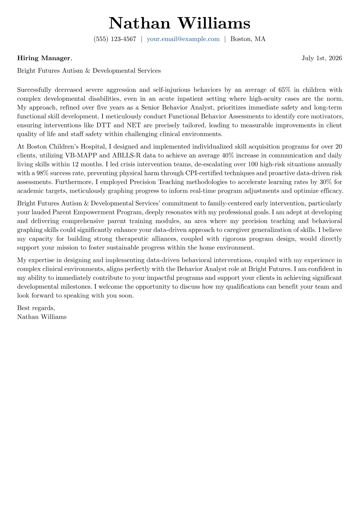 Behavior Analyst cover letter formatted with a JobSprout template