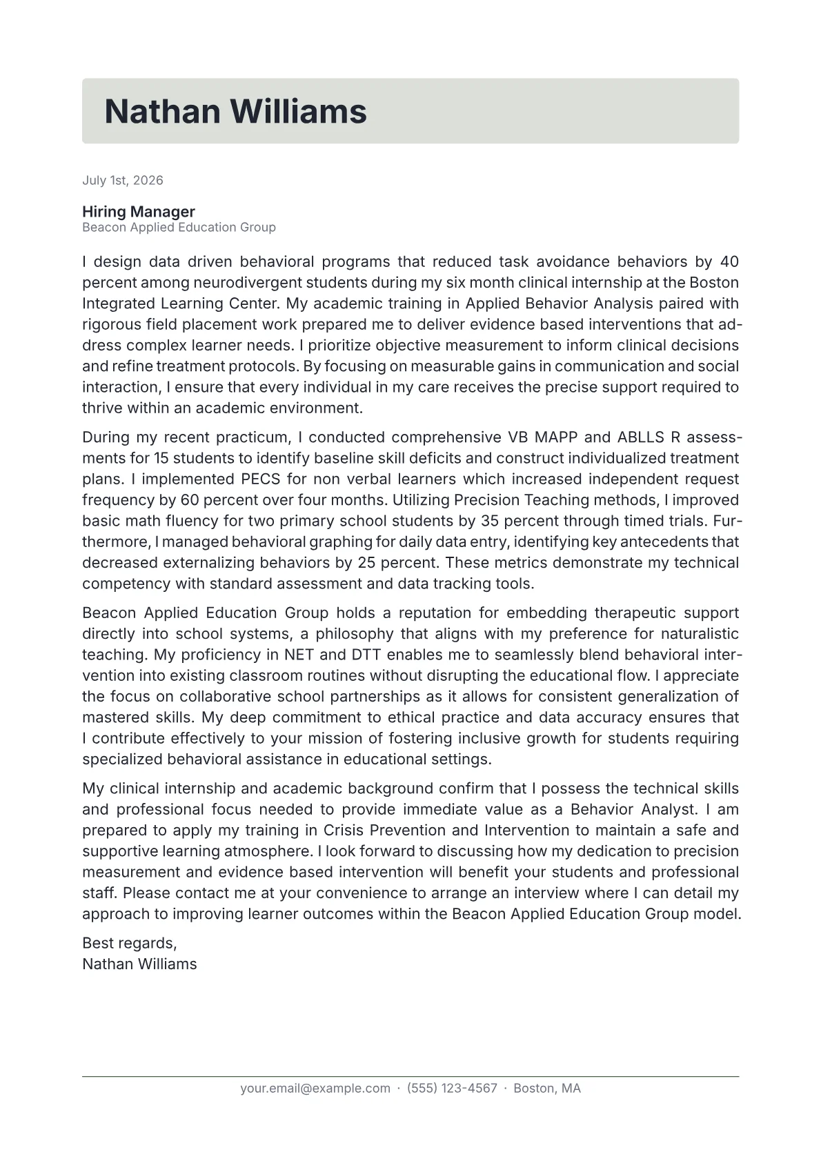 Behavior Analyst cover letter in the Letterhead design