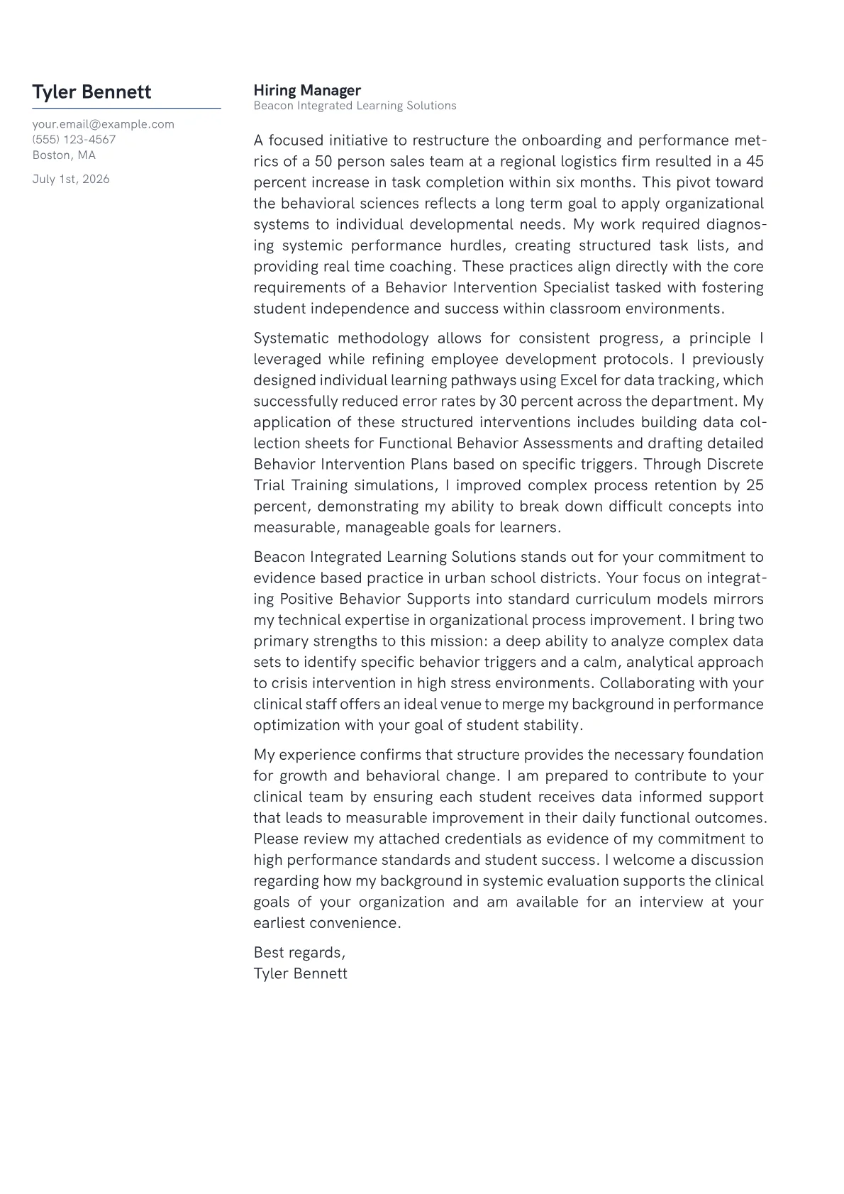 Behavior Intervention Specialist cover letter in the Margin design
