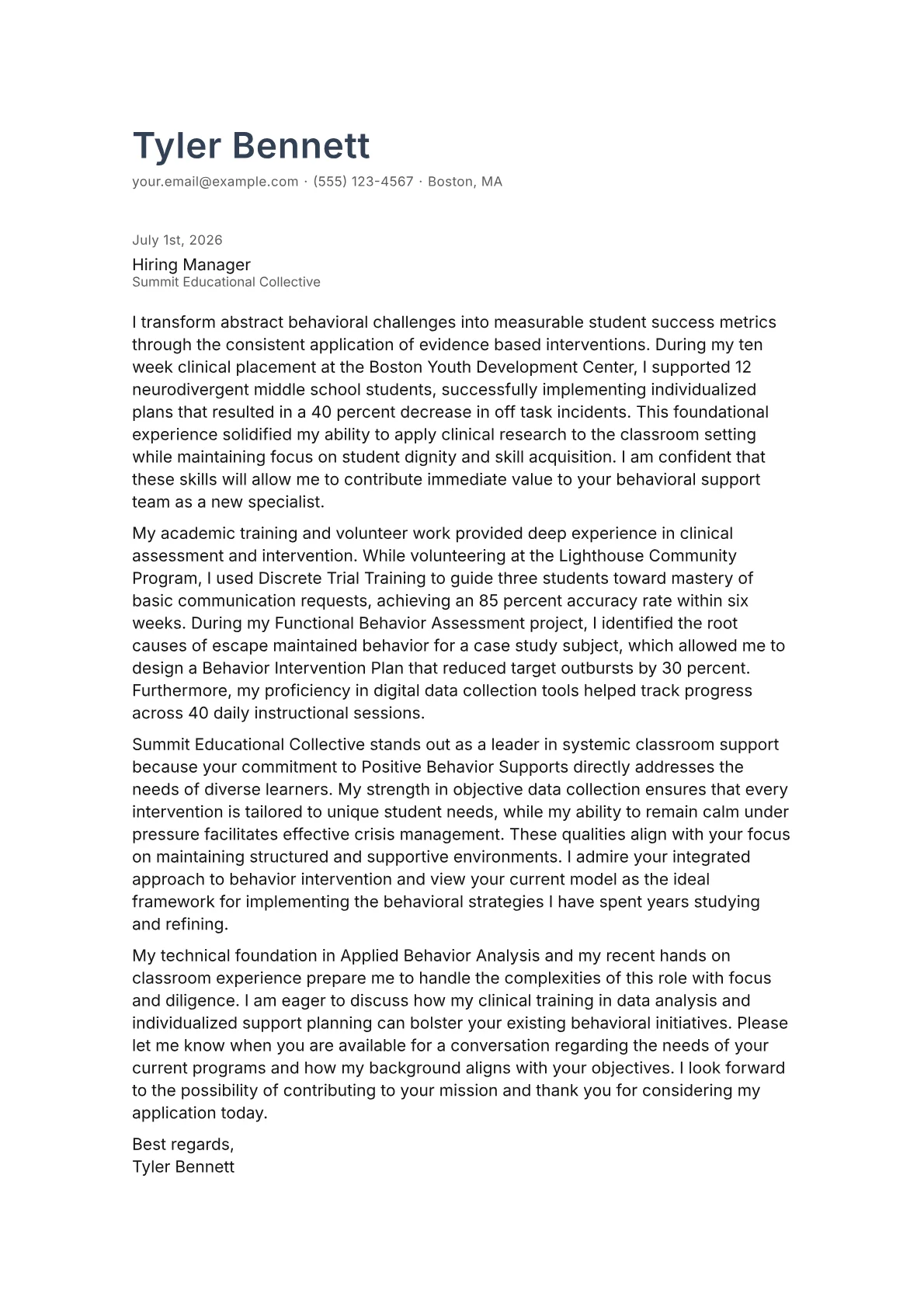 Behavior Intervention Specialist cover letter in the Minimal design