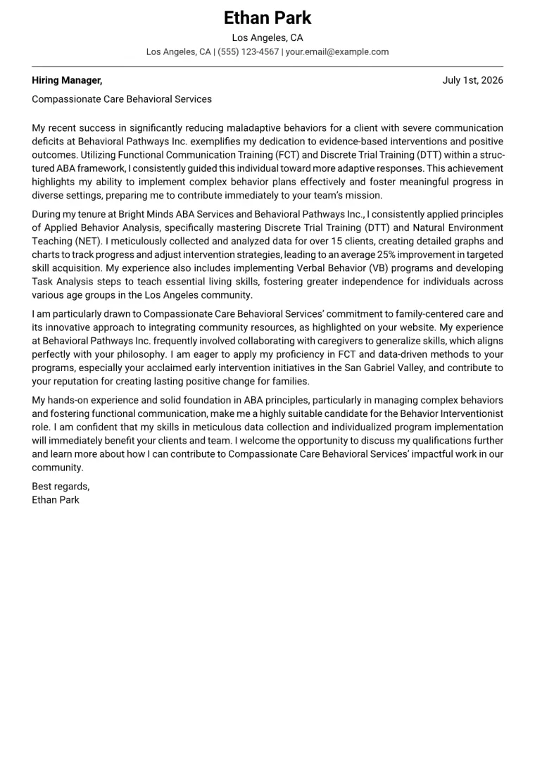 Behavior Interventionist Cover Letter Example (2026)