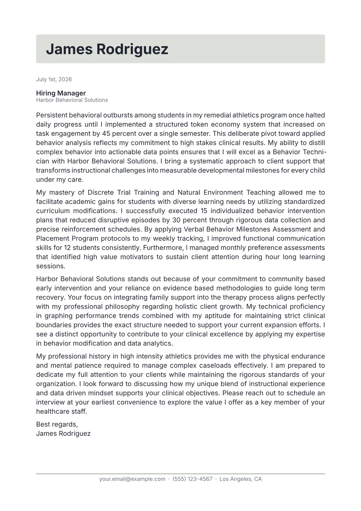 Behavior Technician cover letter in the Letterhead design