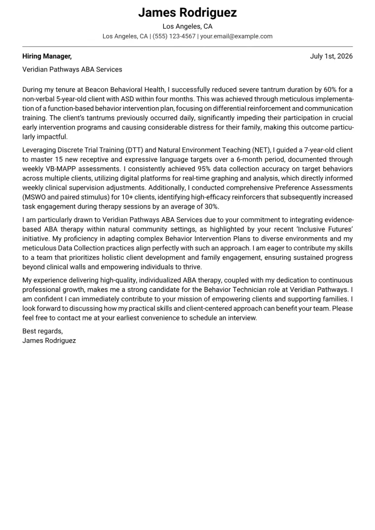Behavior Technician Cover Letter Example