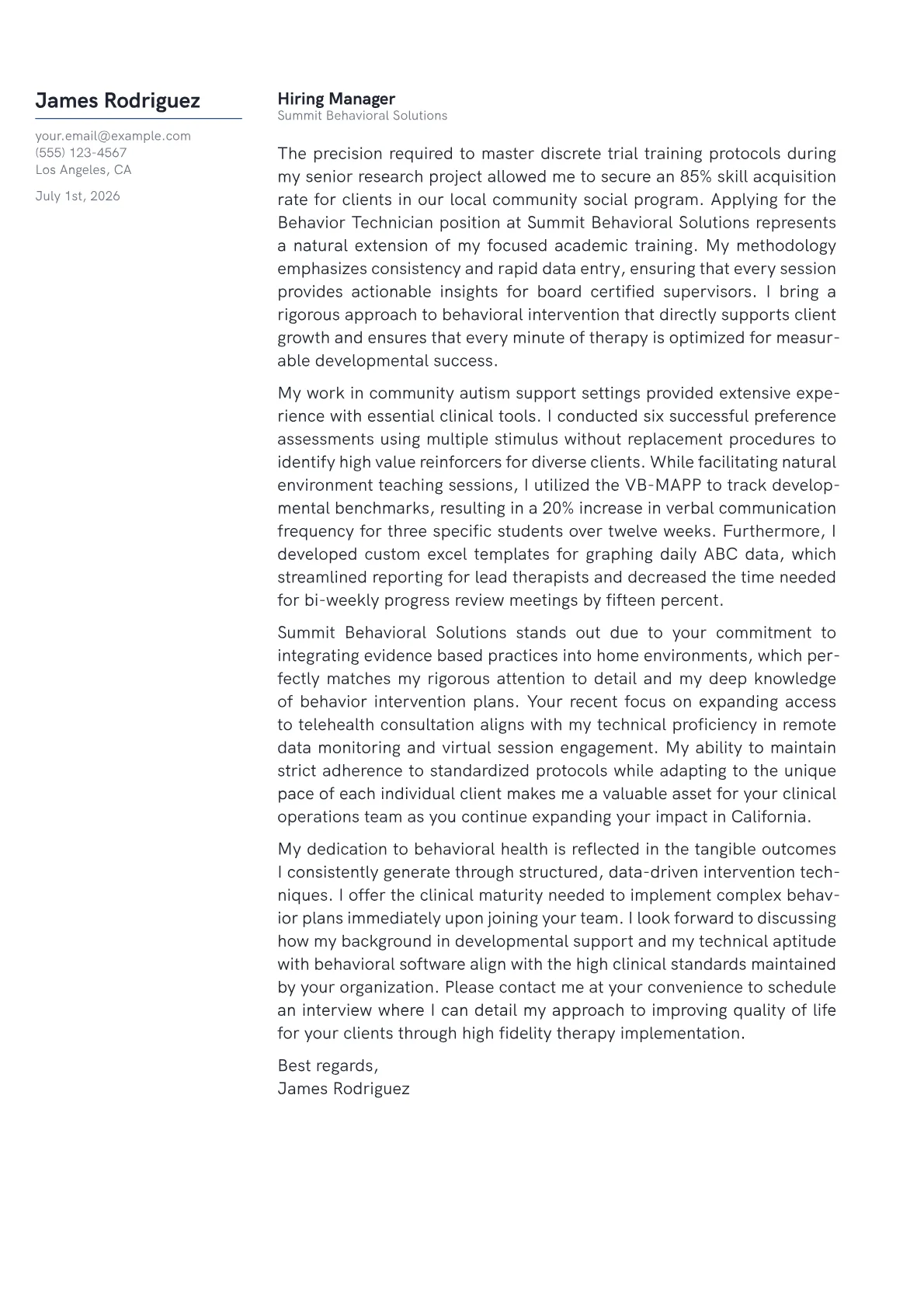 Behavior Technician cover letter in the Margin design