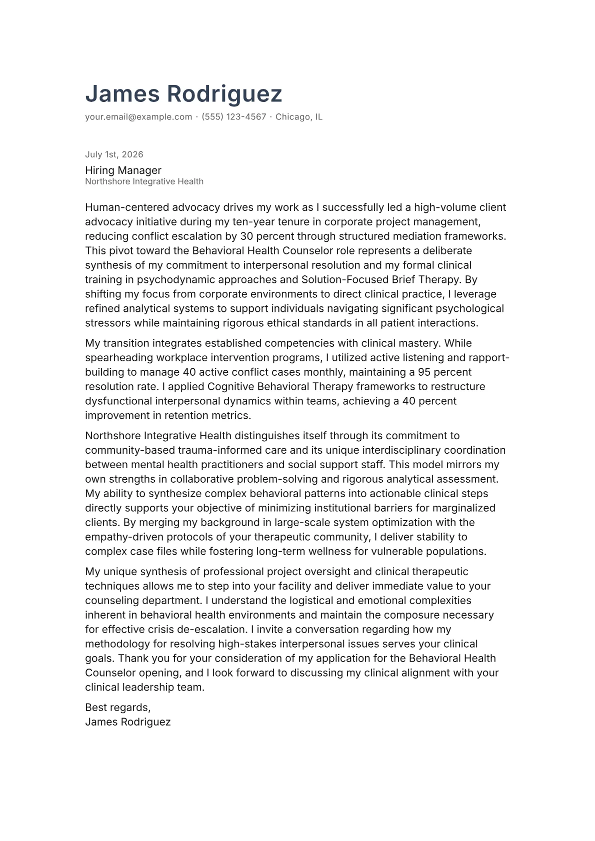 Behavioral Health Counselor cover letter in the Minimal design