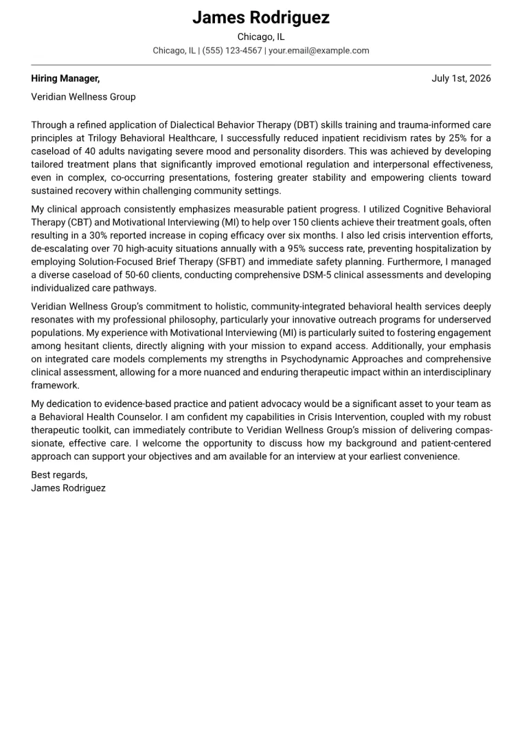 Behavioral Health Counselor cover letter example preview