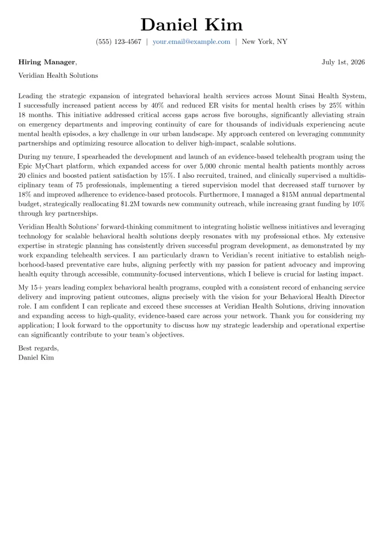 Behavioral Health Director Cover Letter Example