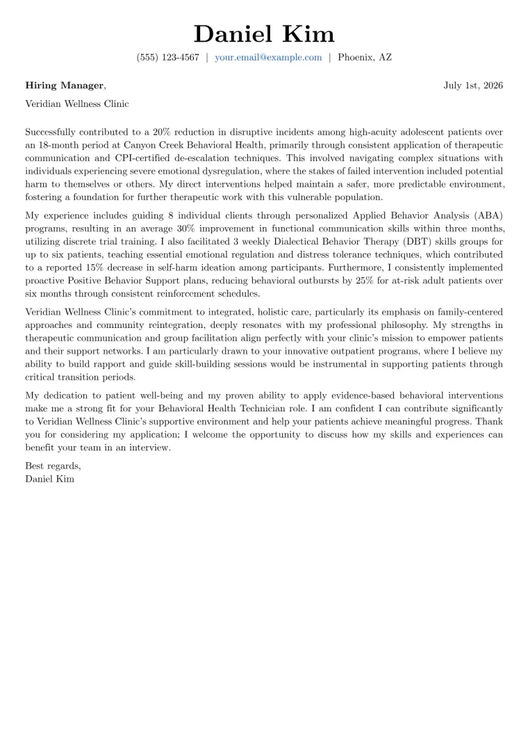 Behavioral Health Technician Cover Letter Example