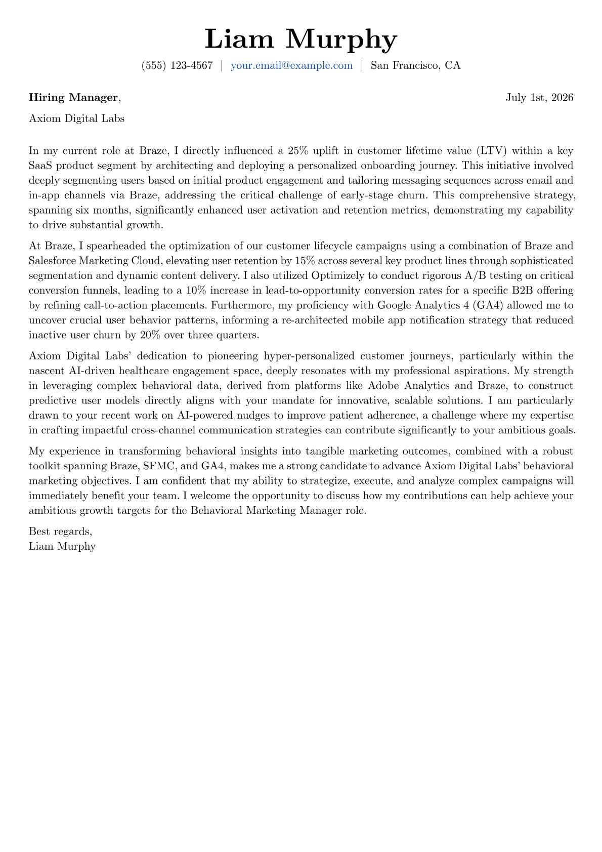 Behavioral Marketing Manager cover letter formatted with a JobSprout template
