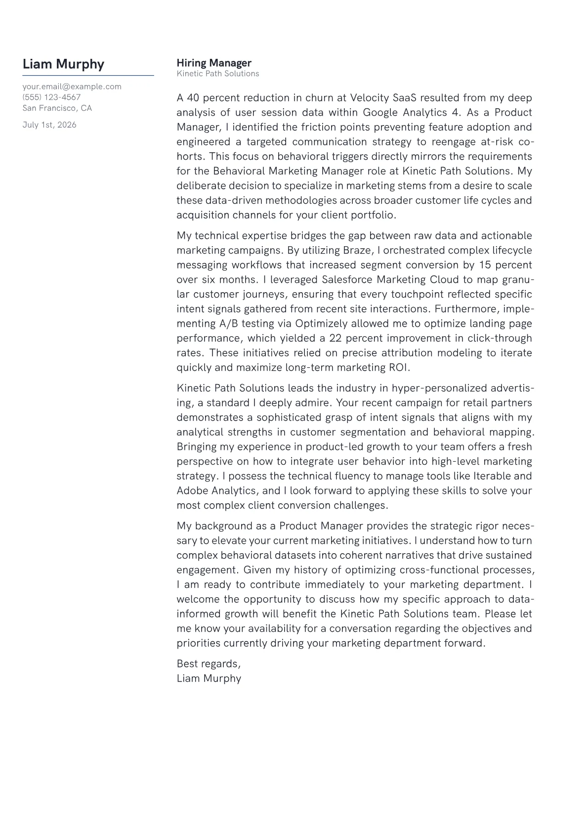 Behavioral Marketing Manager cover letter in the Margin design